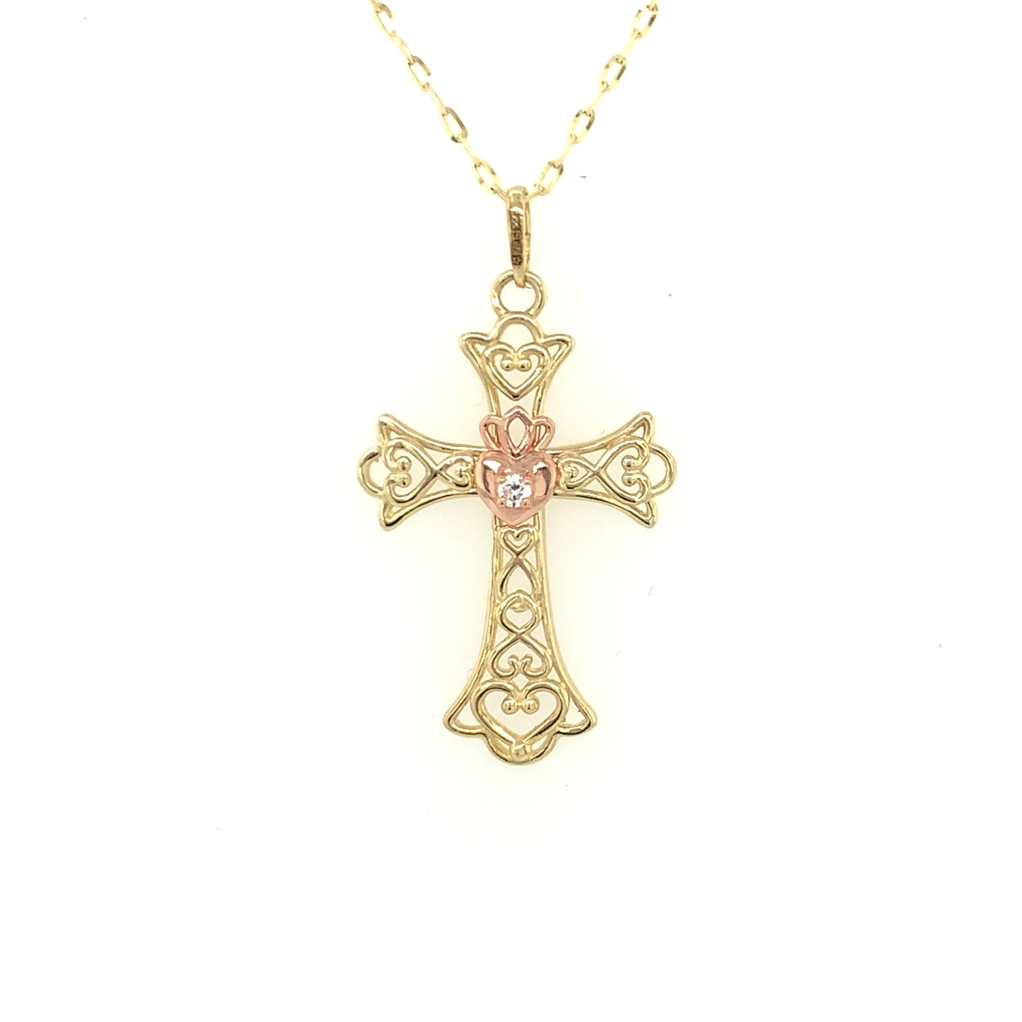 9ct Yellow Gold Filigree Cross Rose Heart GP752