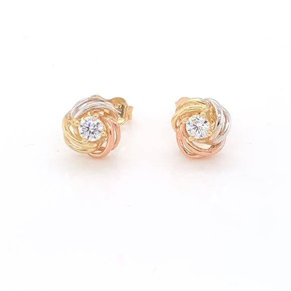 9ct Gold 3-Colour CZ Knot Stud Earrings