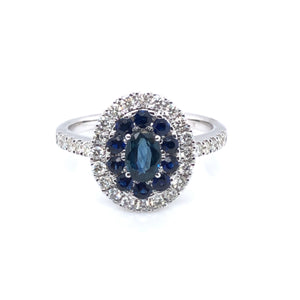 9ct White Gold Sapphire  & Diamond Double Cluster Ring