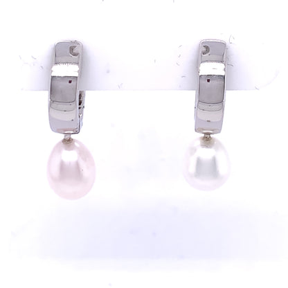 Silver Pearl Huggie Earrings E190