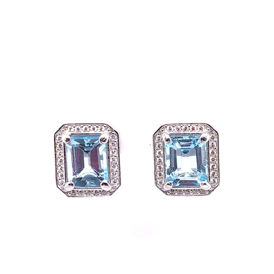 Sterling Silver Blue Topaz & CZ Stud Earrings