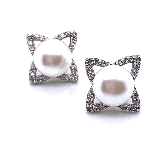 Silver Pearl & CZ Star Earrings