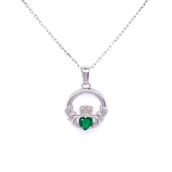 Sterling Silver Green CZ Claddagh Pendant