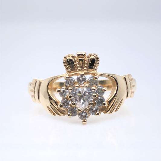 9ct Gold CZ Cluster Claddagh Ring GR257