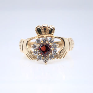 9ct Gold Garnet CZ Cluster Claddagh Ring