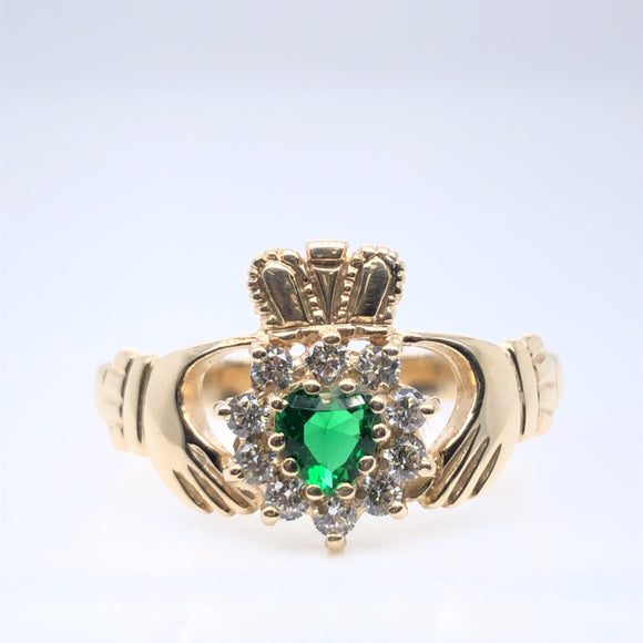 9ct Gold Green CZ Cluster Claddagh Ring