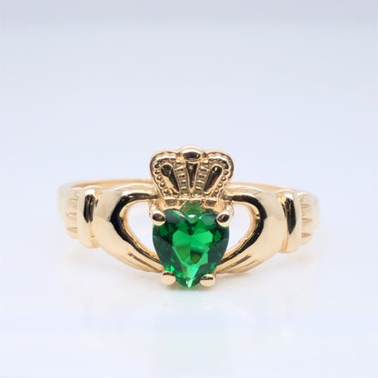 9ct Gold Green CZ Claddagh Ring GR441