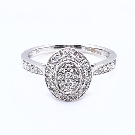 9ct White Gold Diamond Deco Oval Ring