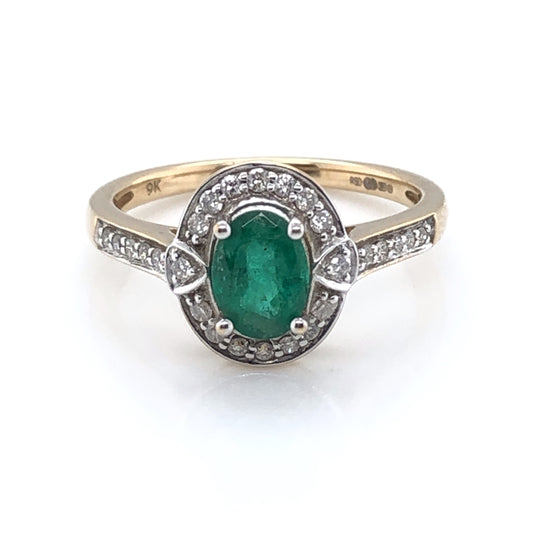 9ct Gold Emerald & Diamond Deco Cluster Ring GRE064