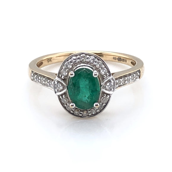9ct Gold Emerald & Diamond Deco Cluster Ring