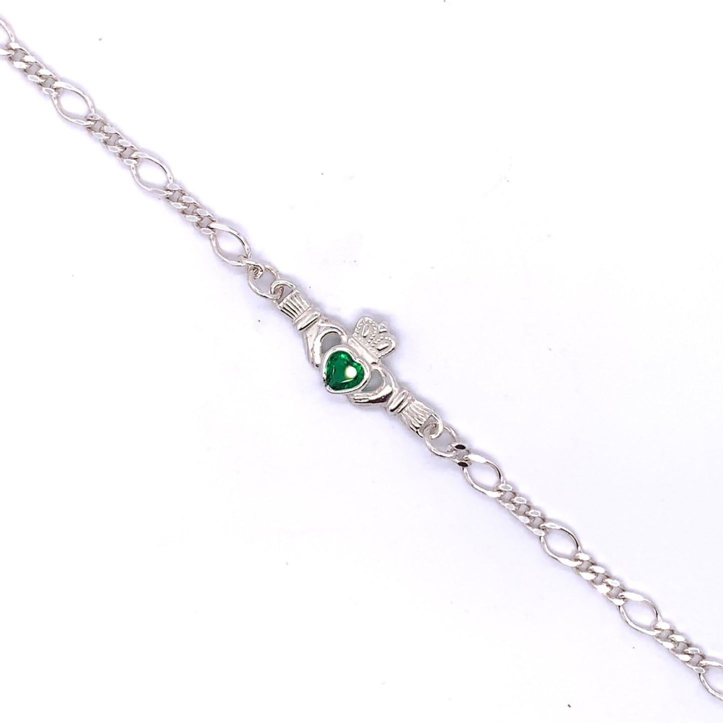 Sterling Silver Claddagh Green CZ Figaro Bracelet SB8906AG