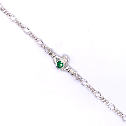 Sterling Silver Claddagh Green CZ Figaro Bracelet SB8906AG