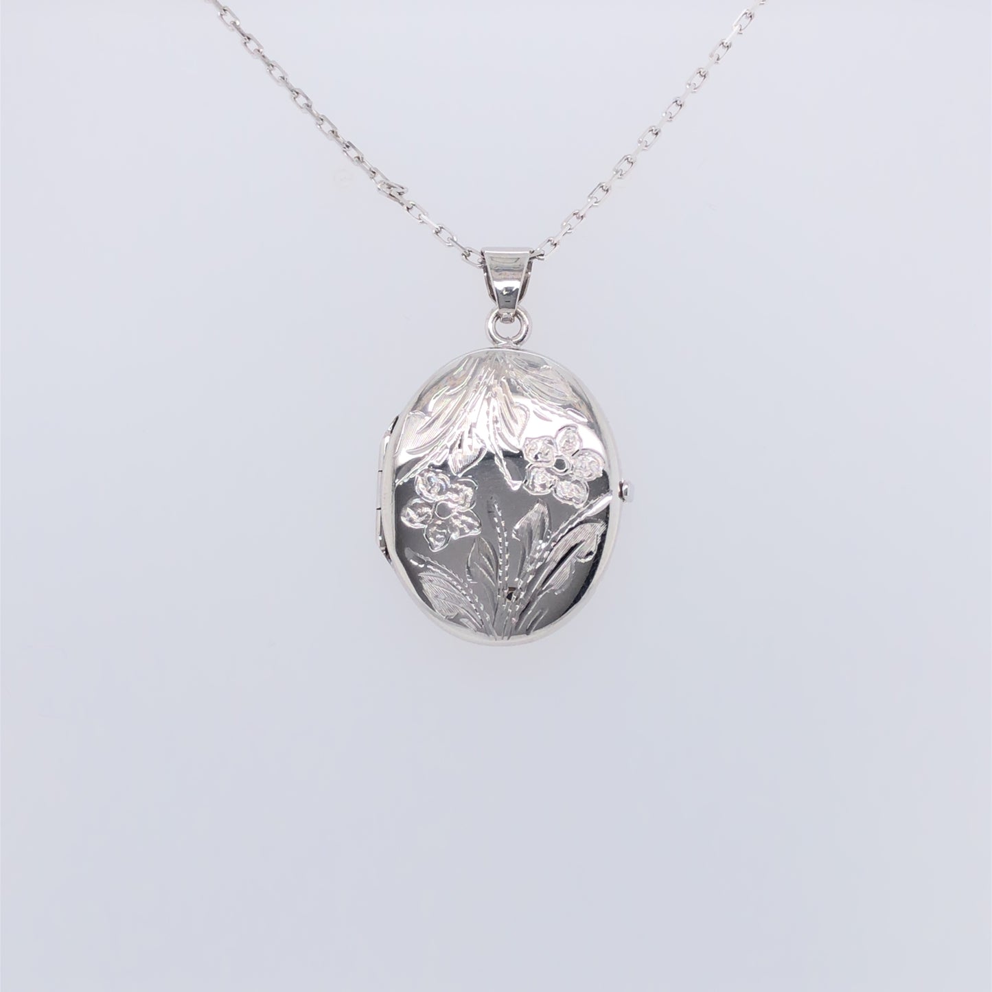 Sterling Silver Oval Floral Engraved Locket