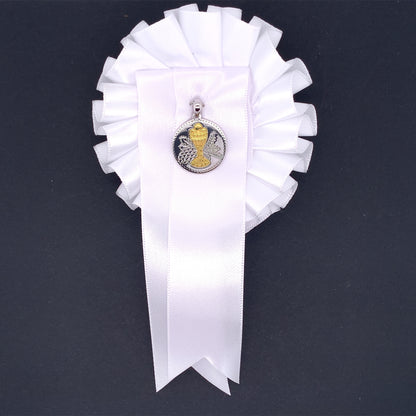 Sterling Silver Round Communion Medal with White Rosette SM103/R