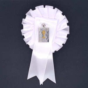 Sterling Silver Rectangular Communion Medal with White Rosette SM107/R