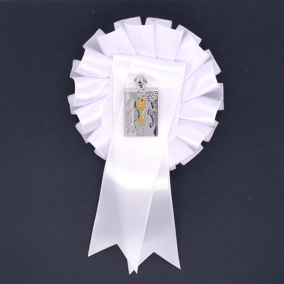 Sterling Silver Rectangular Communion Medal with White Rosette SM107/R
