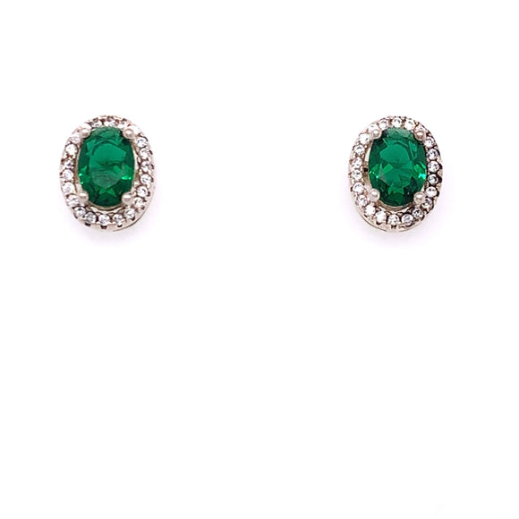 Sterling Silver Emerald CZ Oval Cluster Earrings