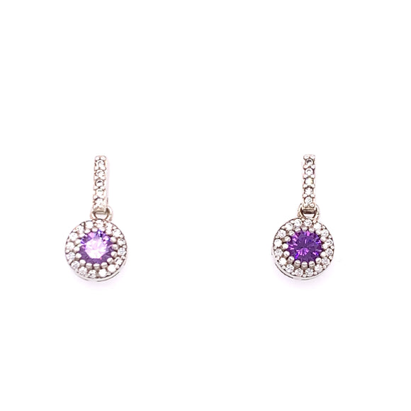 Sterling Silver Amethyst CZ Halo Drop Earrings