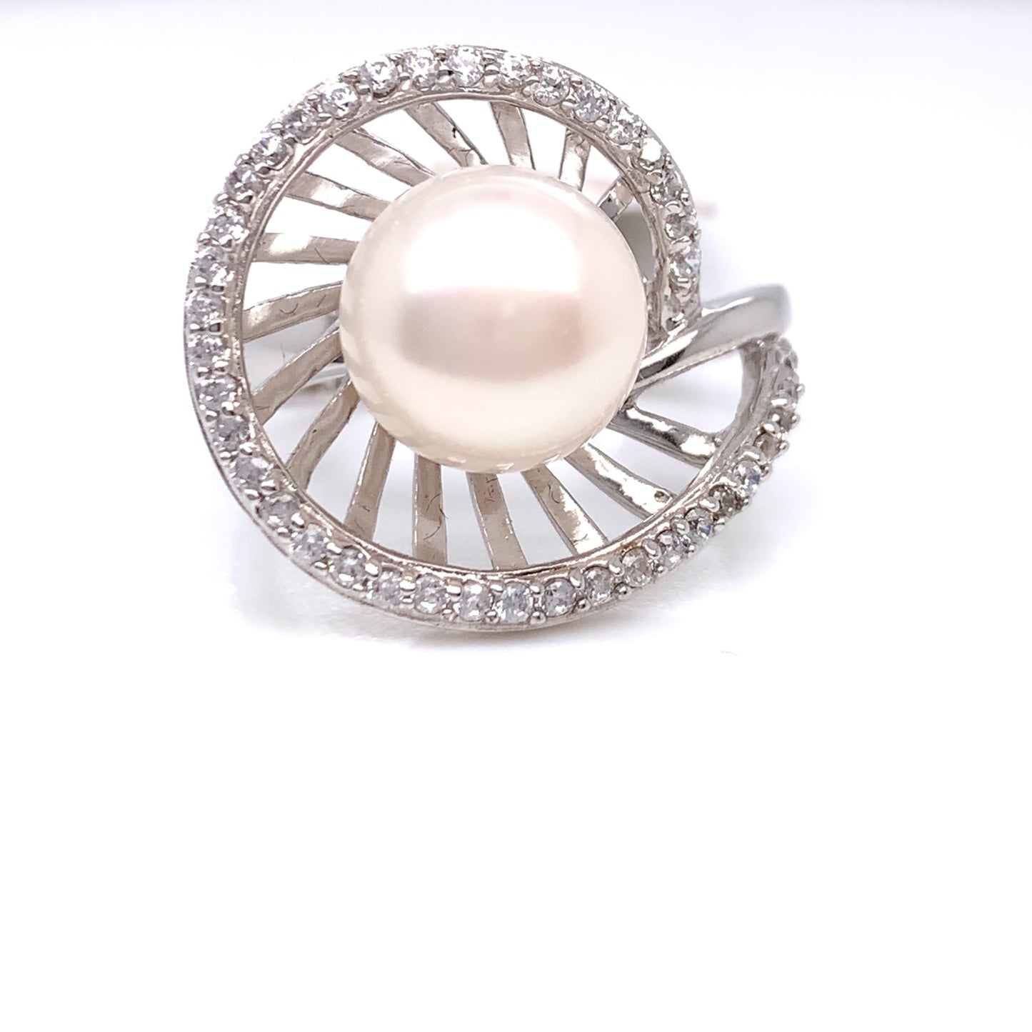 Sterling Silver Freshwater Pearl & CZ Swirl Ring