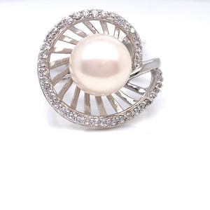 Sterling Silver Freshwater Pearl & CZ Swirl Ring