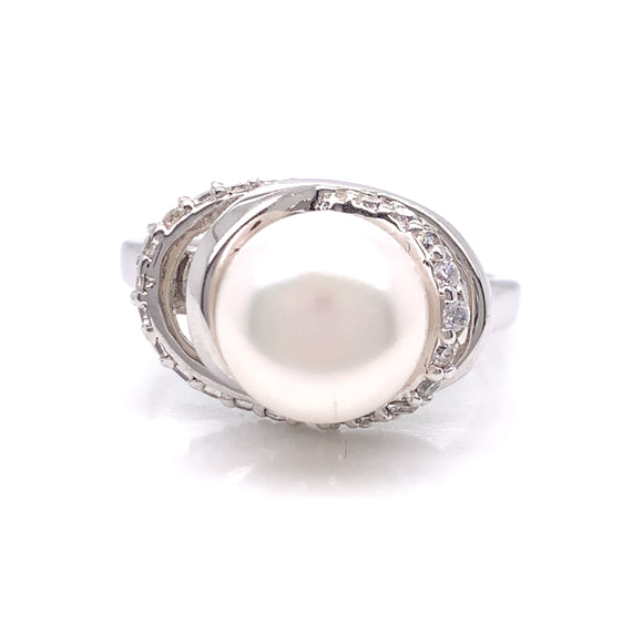 Sterling Silver Freshwater Pearl CZ Swirl Ring