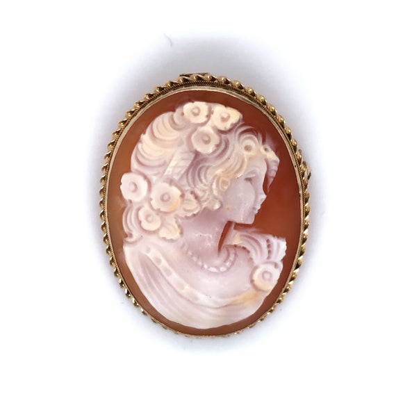 9ct Gold Cameo Girl with Pearls Brooch/Pendant