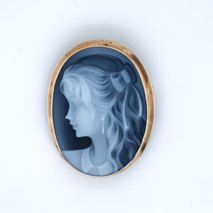 9ct Gold Blue Agate Cameo "Girl with Ribbon"  Brooch/Pendant