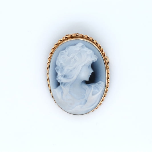 9ct Gold Blue Agate Cameo "Girl with Pearls"  Brooch/Pendant GD112