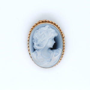 9ct Gold Blue Agate Cameo "Girl with Pearls"  Brooch/Pendant