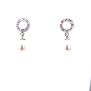 9ct White Gold Pearl & CZ Drop Earrings