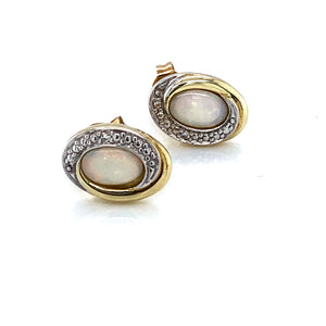 9ct Gold Real Opal & Diamond Oval Swirl Earrings