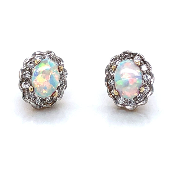 9ct Gold Created Opal & CZ Vintage Cluster Earrings