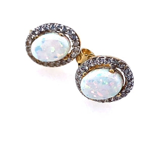 9ct Gold Created Opal & CZ Oval Halo Earrings