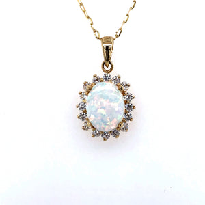 9ct  Gold  Created Opal & CZ Oval Cluster Pendant