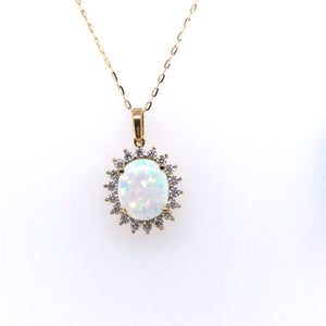 9ct  Gold  Created Opal & CZ Oval Cluster Large Pendant