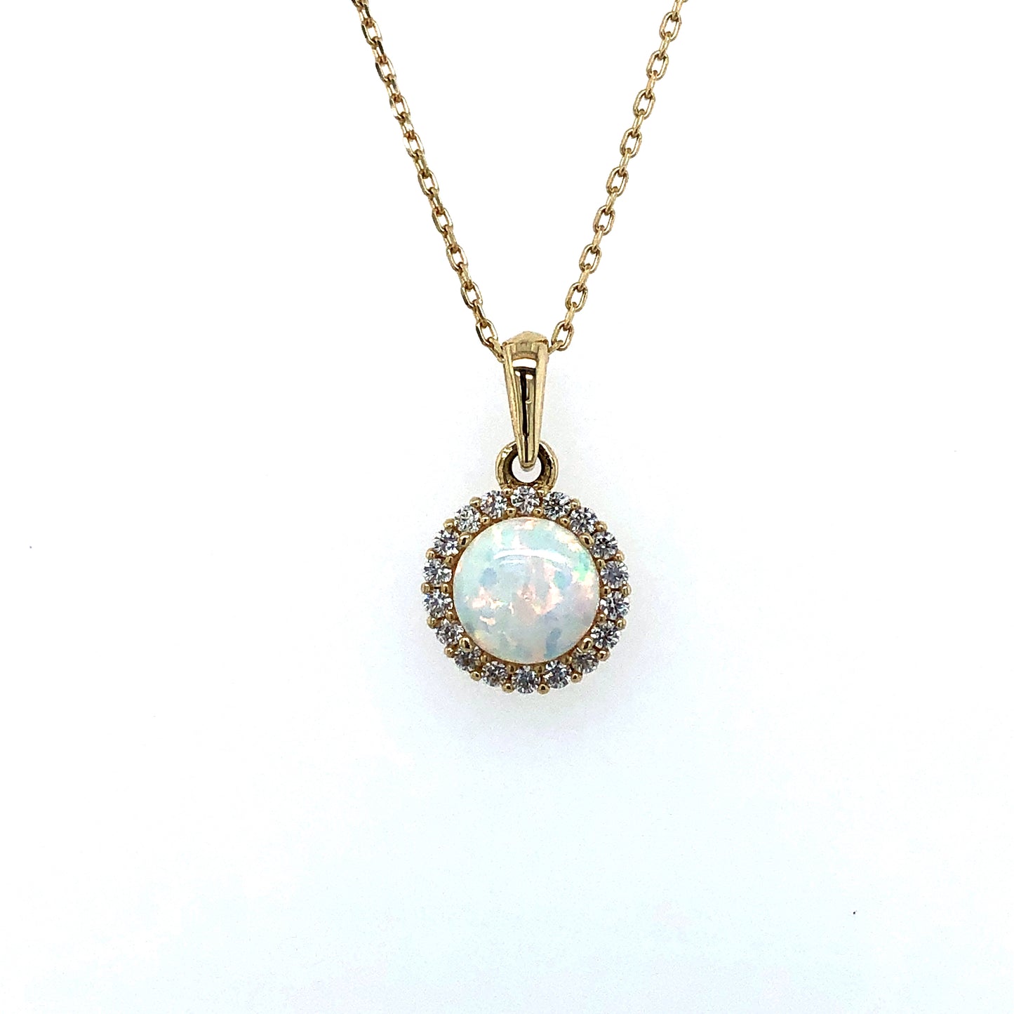 9ct Gold Created Opal & CZ Round Halo Pendant GPL47