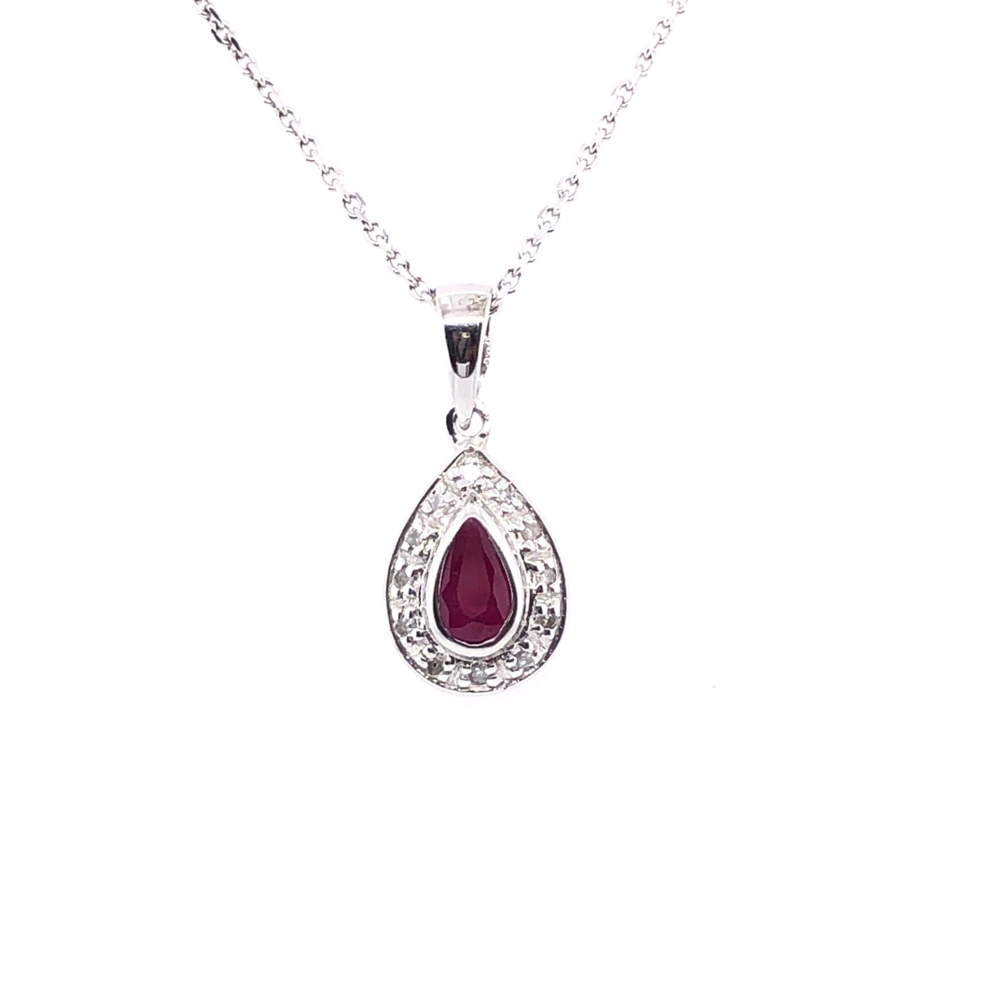 9ct White Gold Ruby & Diamond Teardrop Cluster Pendant