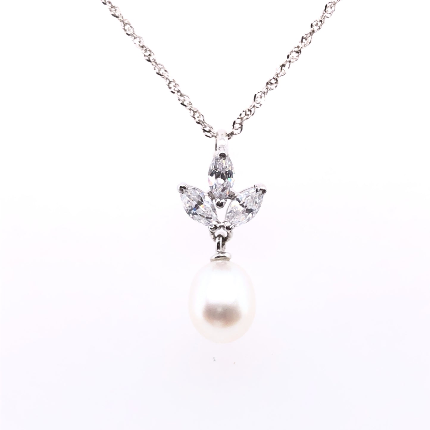9ct White Gold Pearl & Marquise CZ Pendant