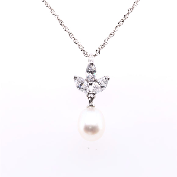 9ct White Gold Pearl & Marquise CZ Pendant
