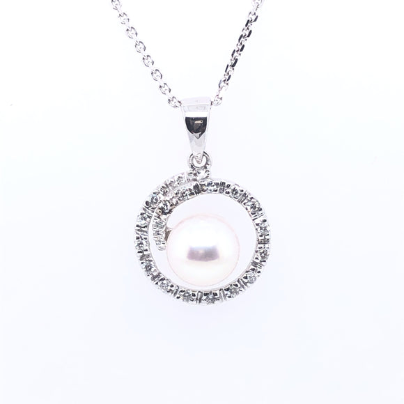 9ct White Gold Pearl & Diamond Swirl Pendant