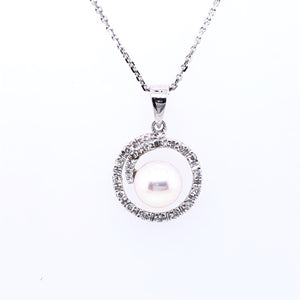 9ct White Gold Cultured Pearl & Diamond Spiral Pendant