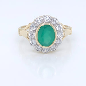 9ct Gold Green Agate & CZ Vintage Cluster Ring GRE128