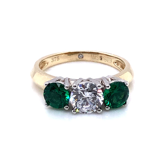 9ct  Gold Green & White CZ Trilogy Ring