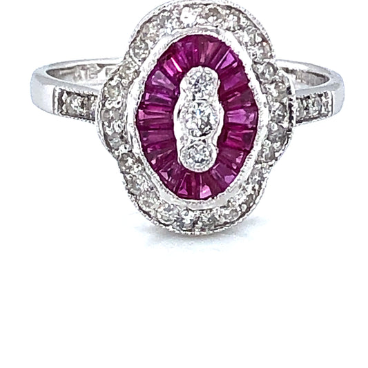 18ct White Gold Ruby & Diamond Deco Ring