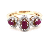 9ct Gold Ruby & Diamond 3-Cluster Ring