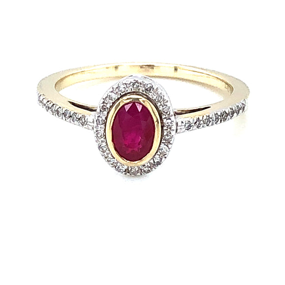 9ct Gold Ruby & Diamond Oval Halo Ring