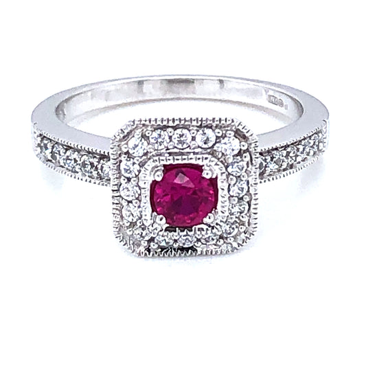 9ct White Gold Ruby & CZ Cushion Halo Ring