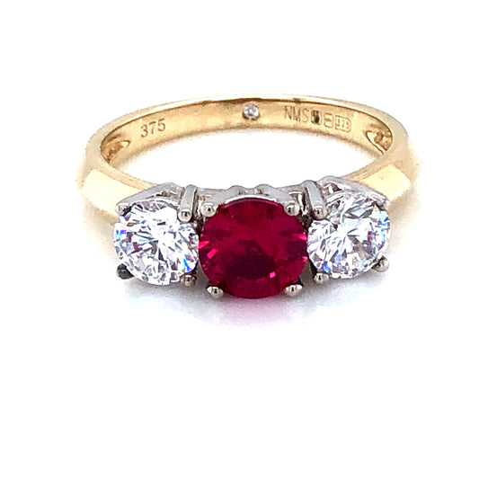 9ct Gold  Ruby & CZ Trilogy Ring GRR083