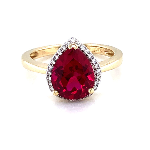9ct Gold  Ruby & CZ Large Pear Halo Ring