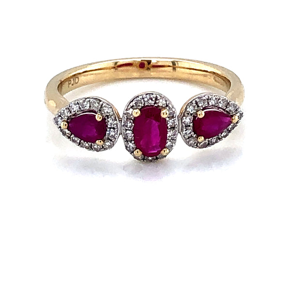9ct Gold Ruby & Diamond  Triple Cluster Ring